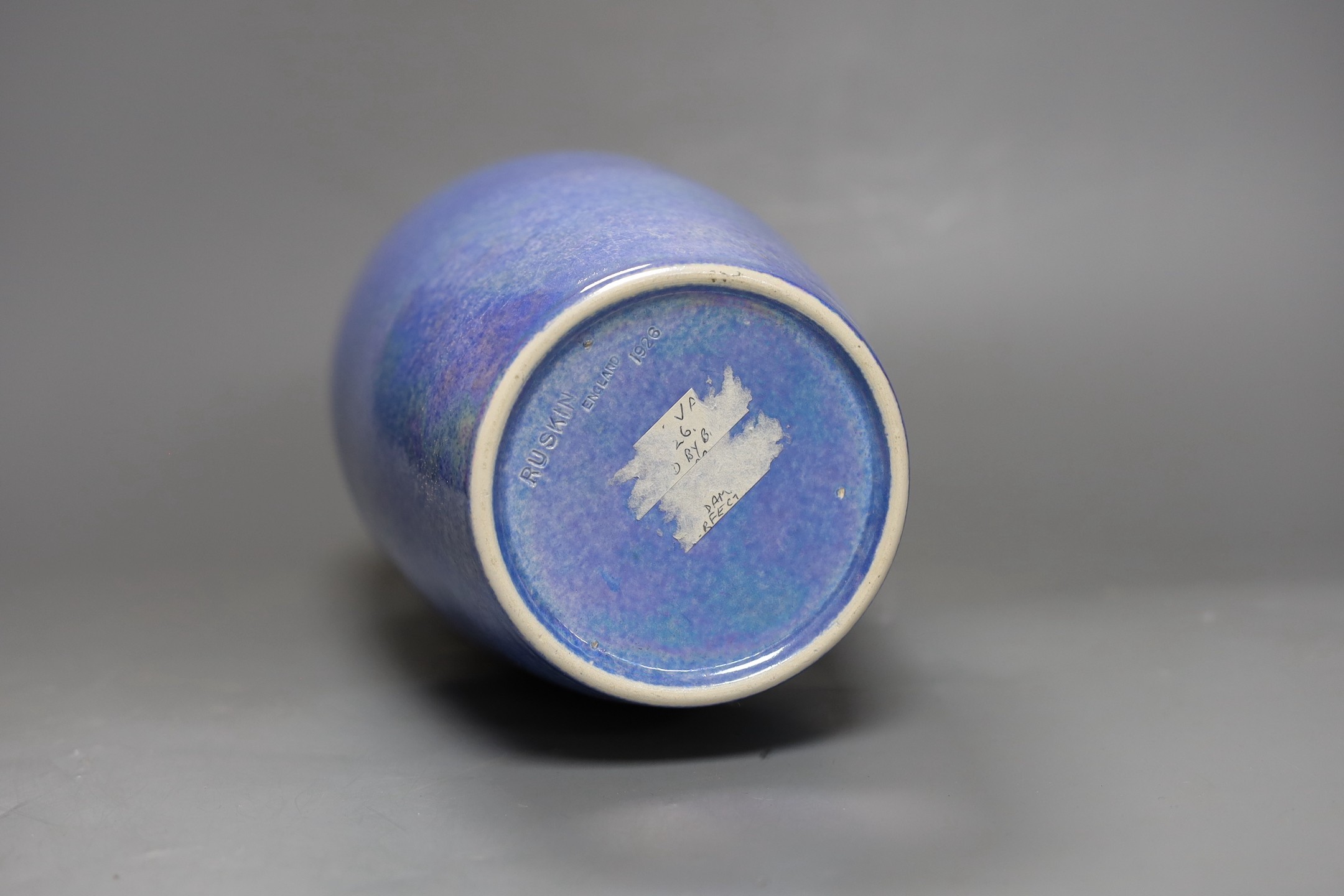 A large Ruskin blue and green lustre vase, dated 1926. 26cm.